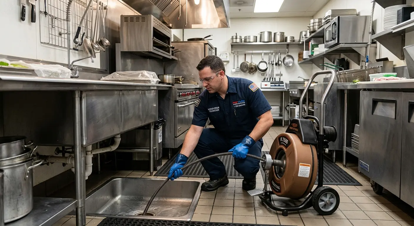 Commercial drain cleaning service in a restaurant kitchen in Fairmont