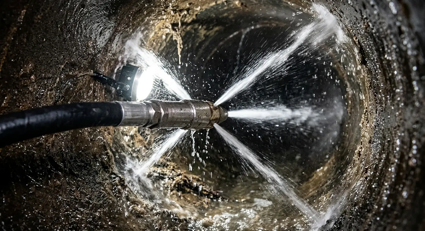 High-pressure hydro jetting nozzle cleaning sewer pipe for Sewer Cleanout in Fairmont