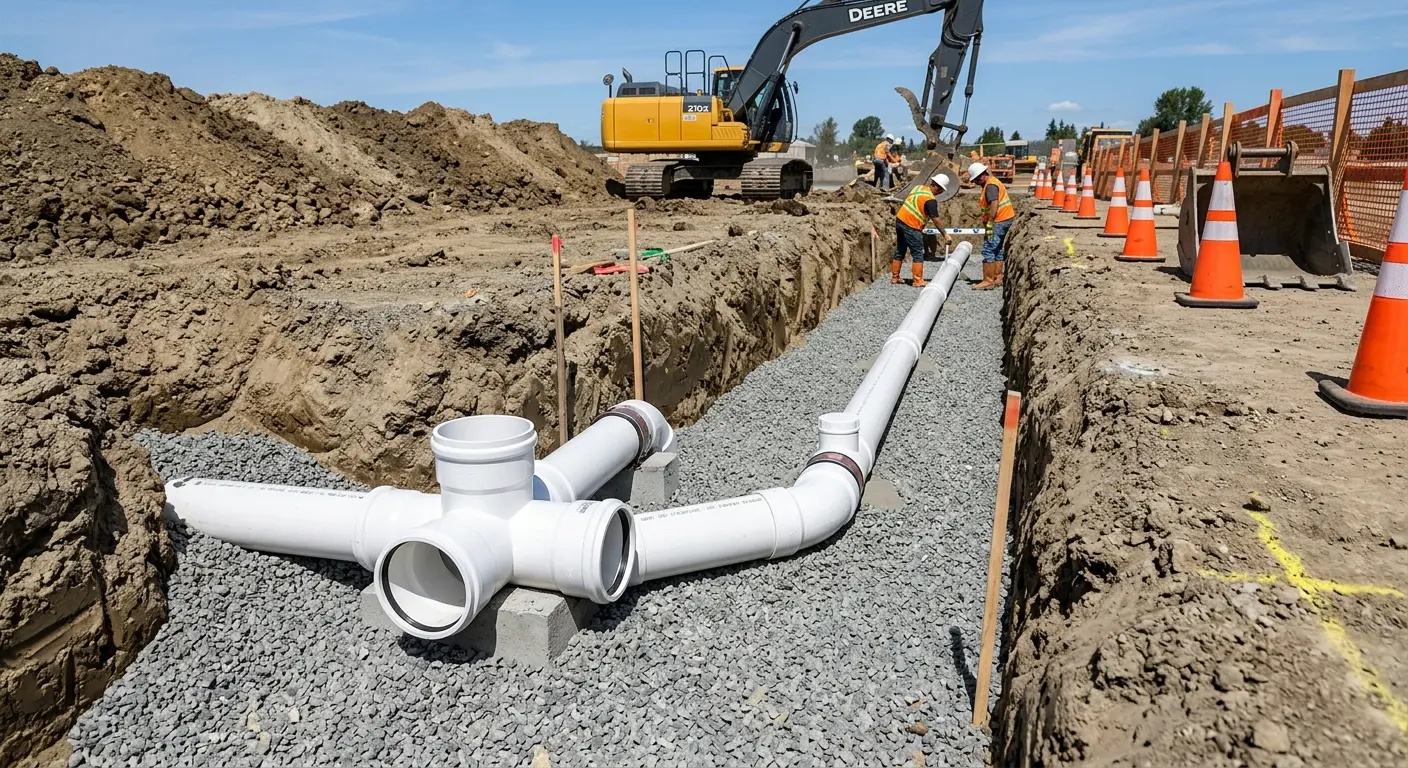 New PVC sewer pipe installation in open trench for Commercial Drain Cleaning in Fairmont