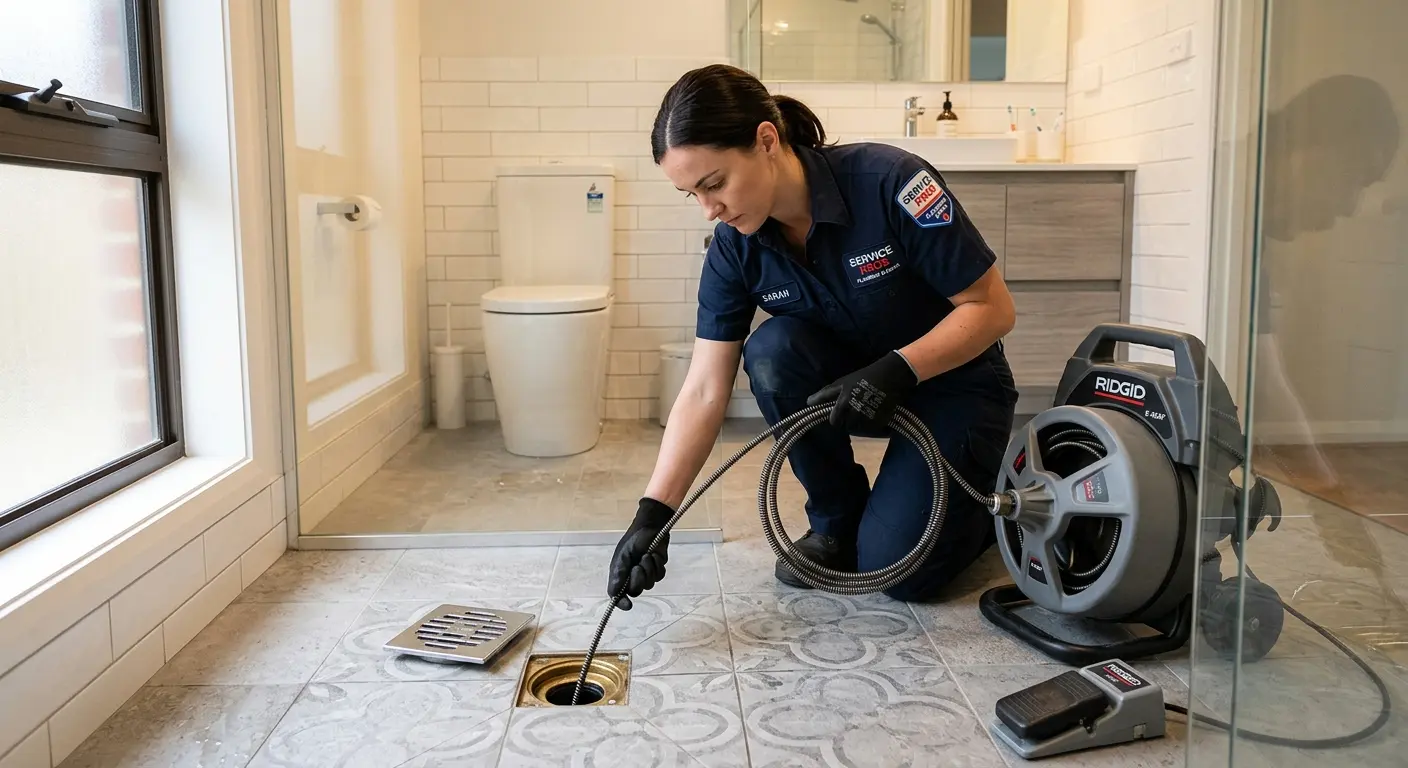 Technician clearing a bathroom floor drain for Clogged Drain Repair in Fairmont